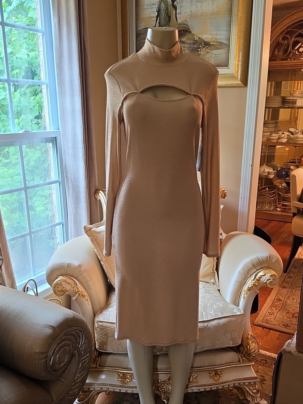 Velvet Torch Beige High-Neck Cutout Long-Sleeve Dress